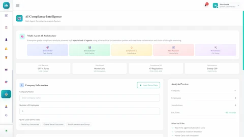 AI Compliance Intelligence - Multi-agent architecture overview, company information input, and analysis preview panel
