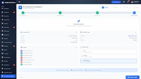 Compliance Configuration - Company profile, compliance scope, agent selection, and analysis depth settings