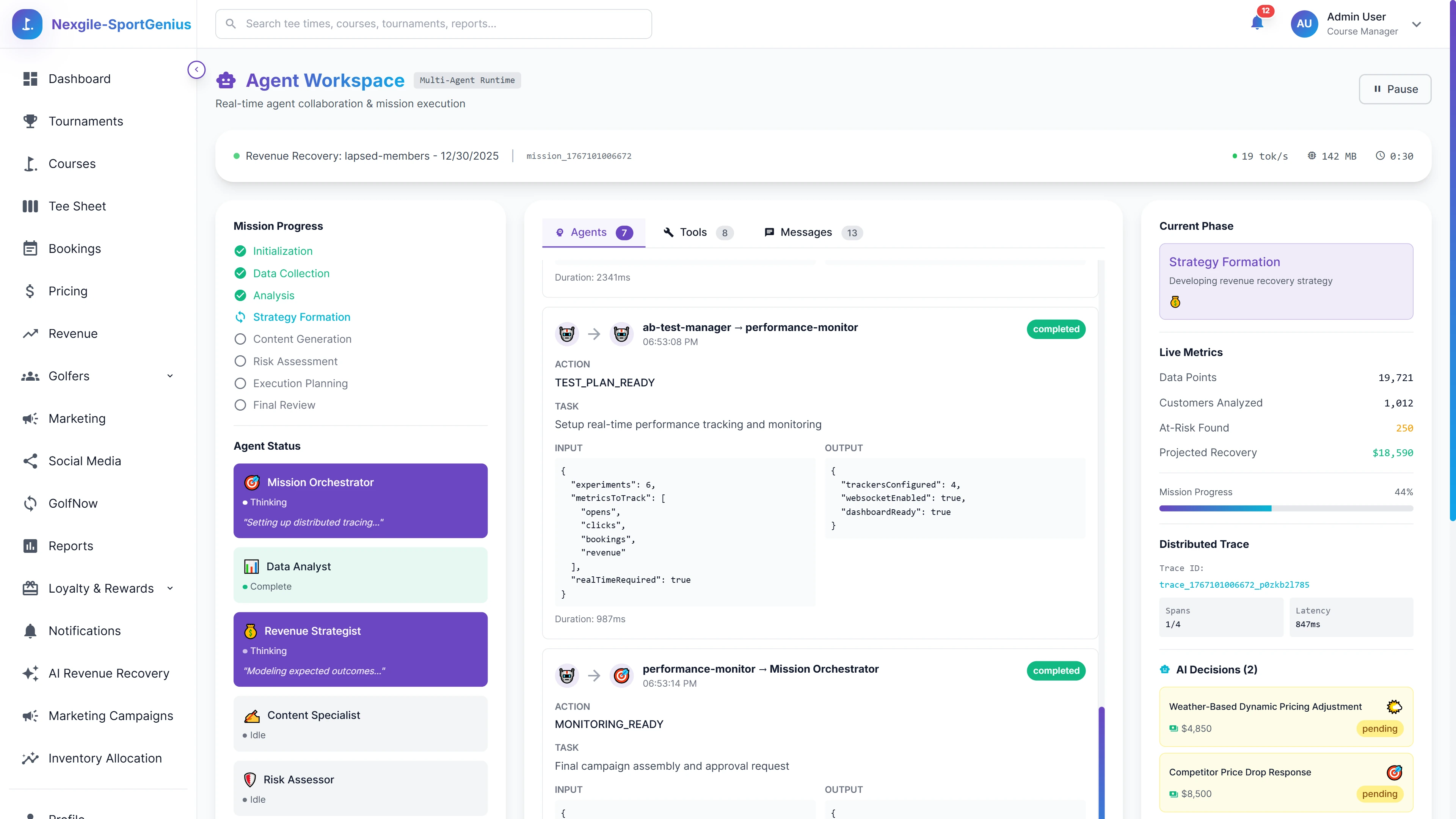 Agent Workspace - Real-time visibility into multi-agent collaboration with mission progress tracking, agent status, and distributed tracing