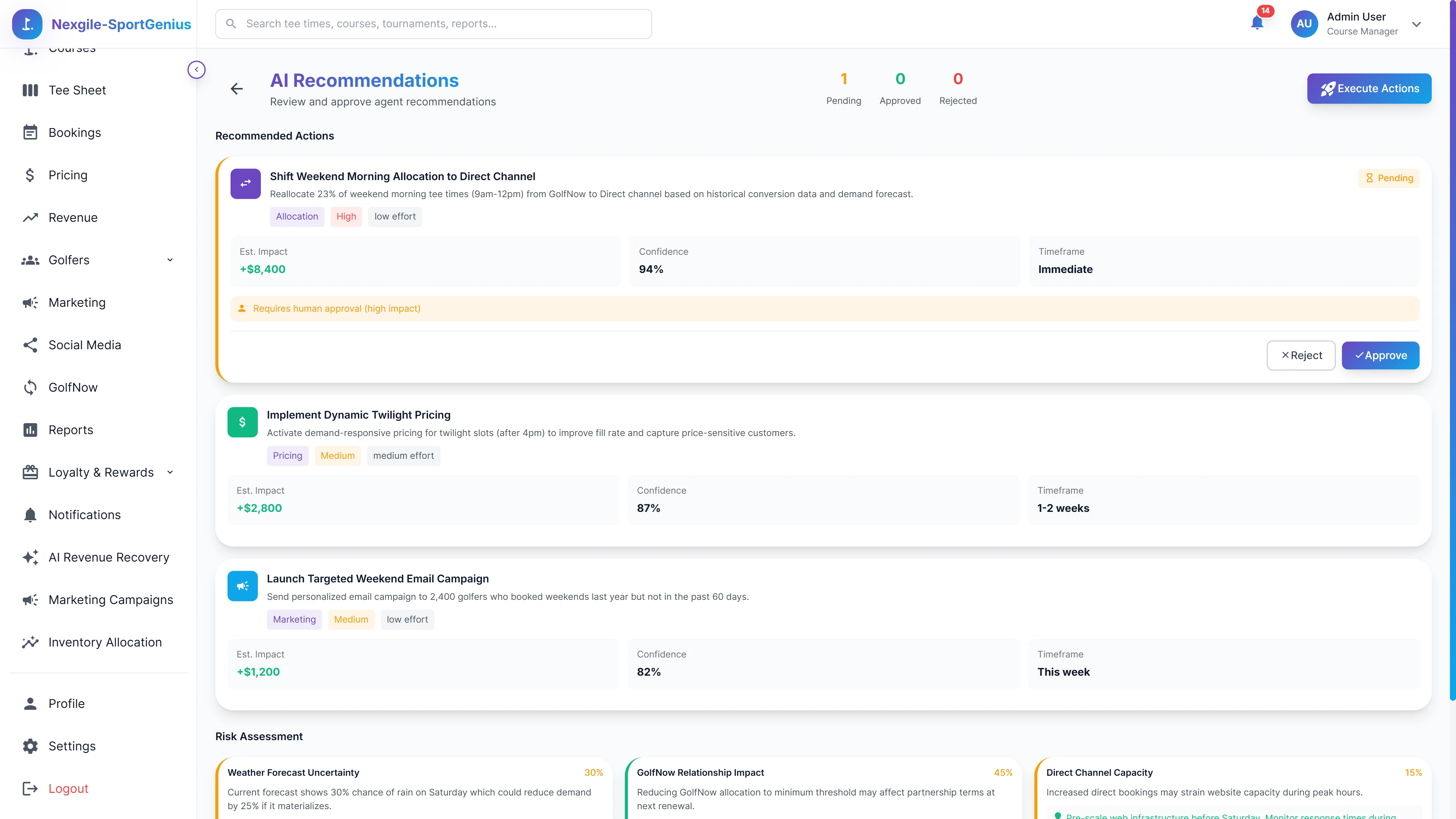 AI Recommendations Review - Actionable recommendations with impact estimates, confidence levels, timeframes, and risk assessment analysis