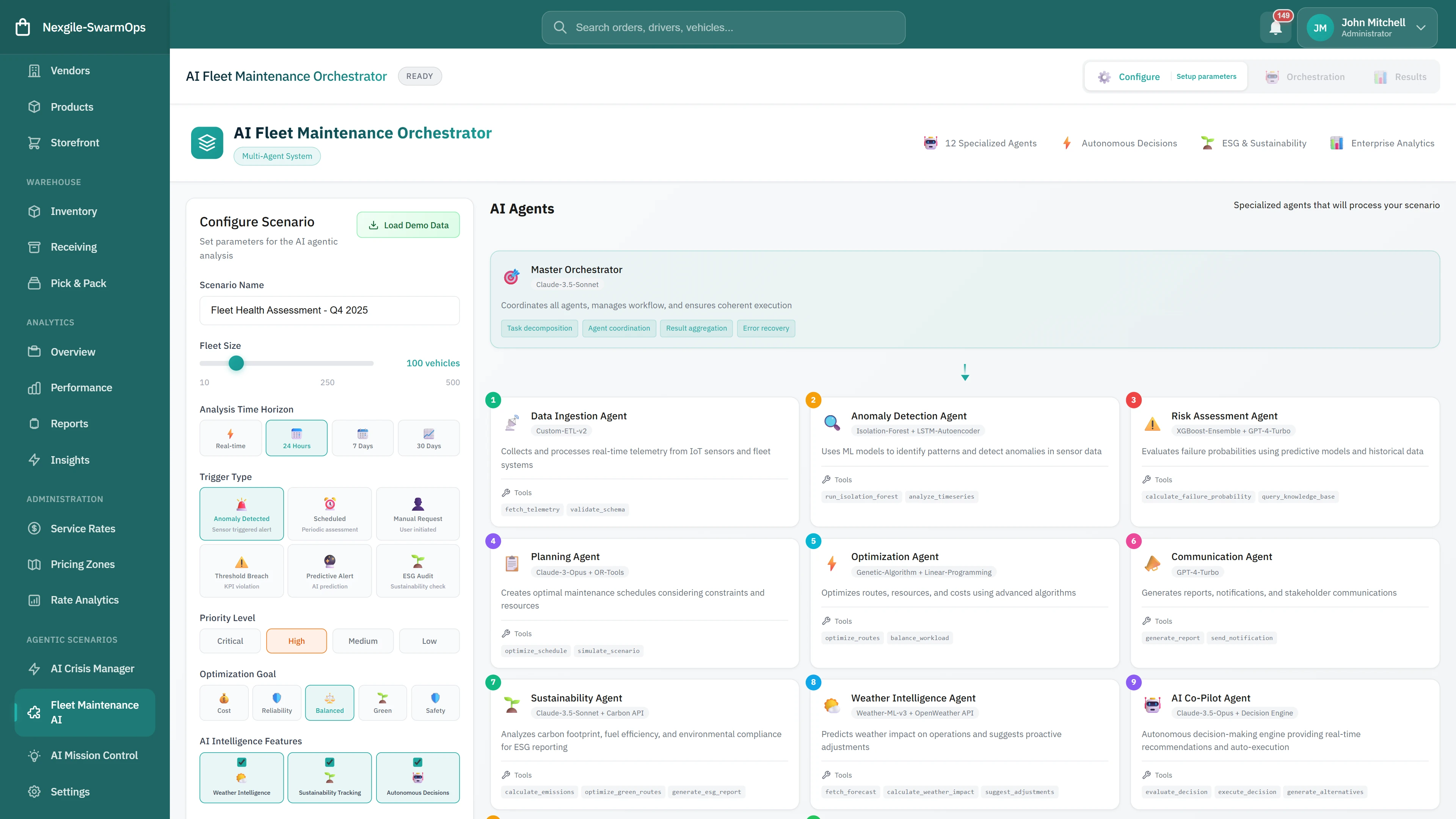 AI Fleet Maintenance Orchestrator - AI Agents configuration panel showing Master Orchestrator, Anomaly Detection, Risk Assessment, Planning, and Sustainability agents