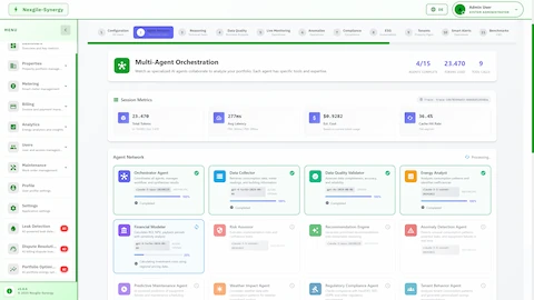 Multi-Agent Orchestration view displaying 15-agent network with session metrics, real-time agent status cards showing completion progress, token usage, and cost tracking.