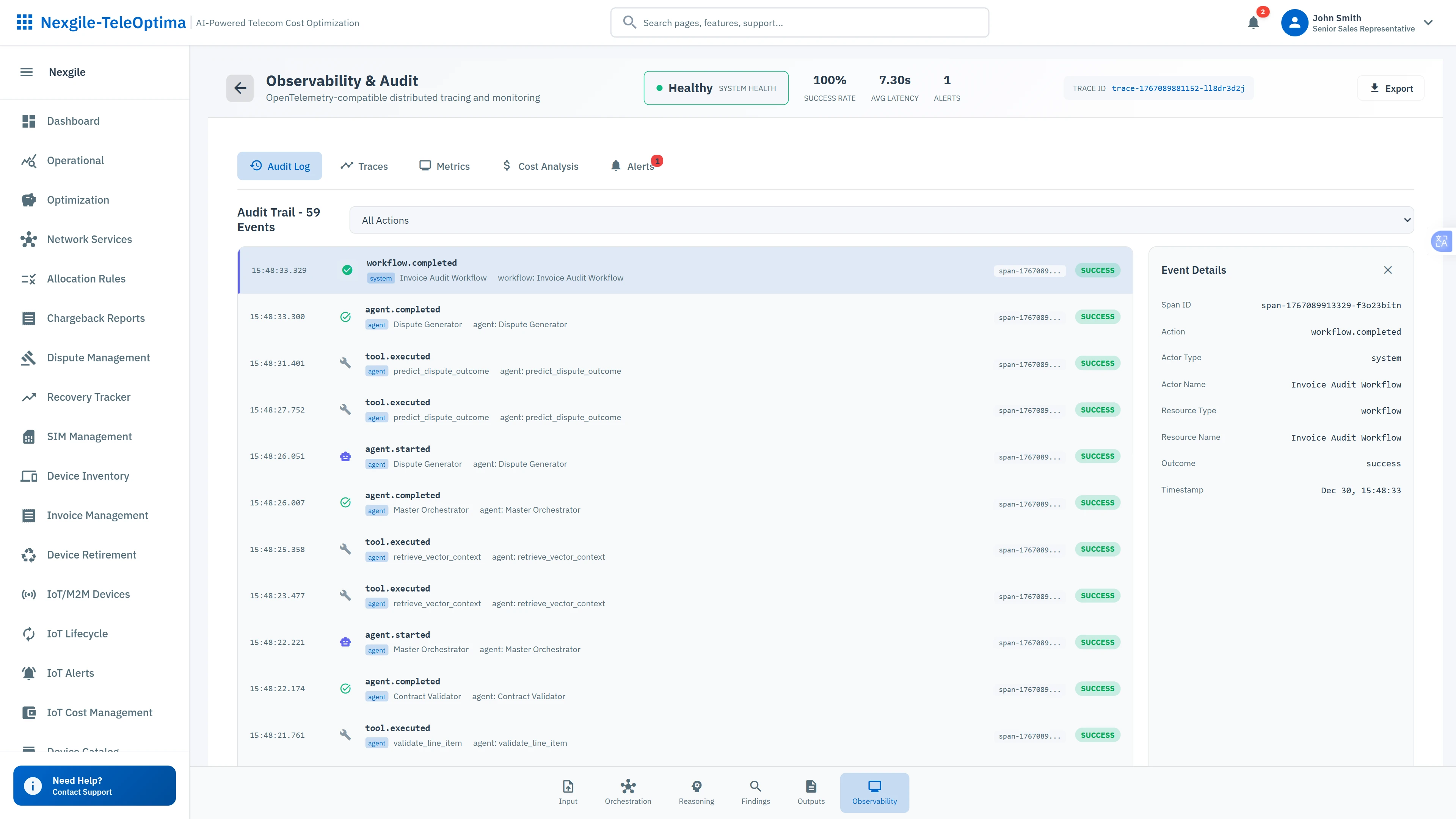 Observability & Audit Trail - Complete workflow tracing with agent execution logs and system health monitoring