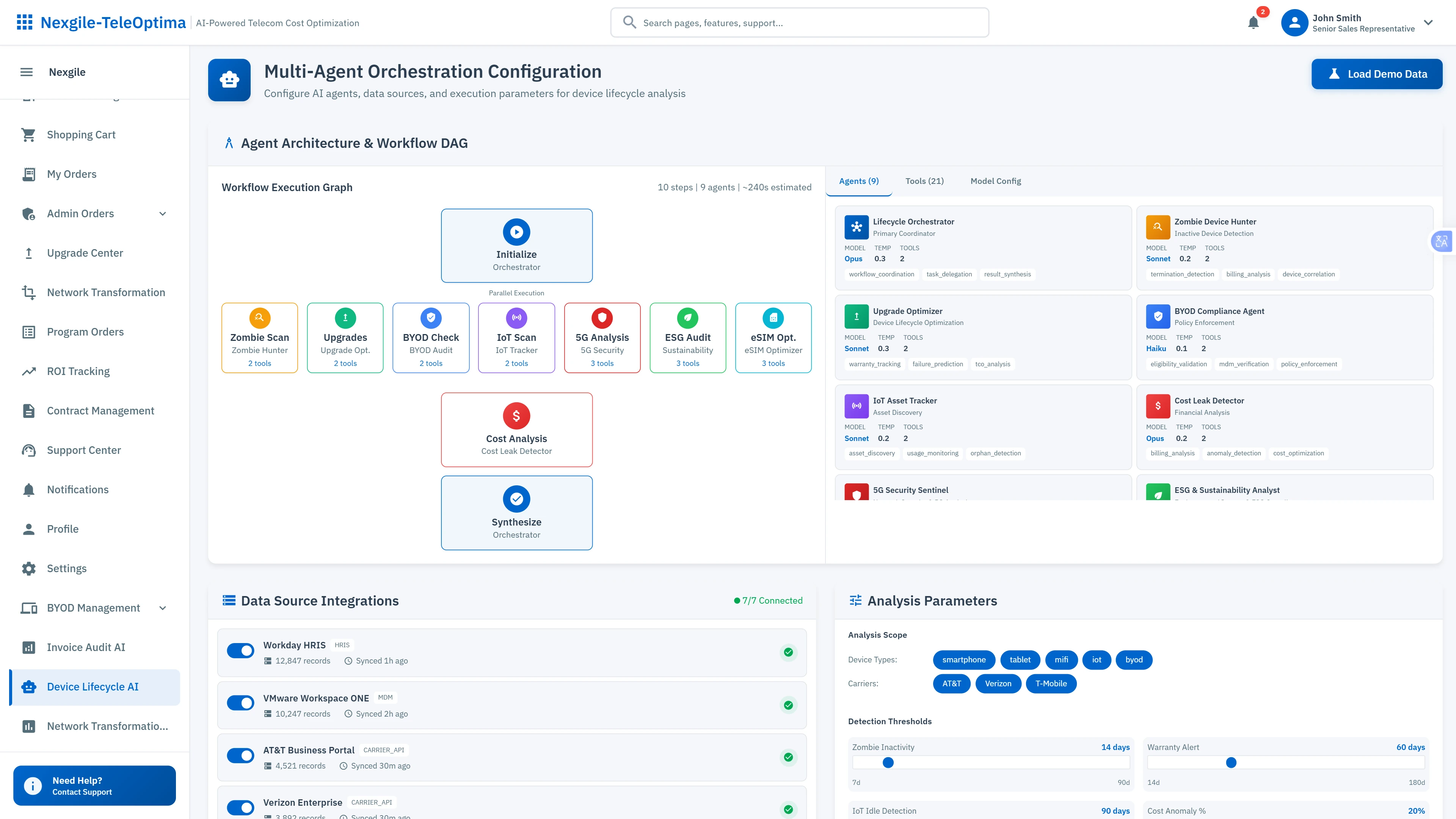 Multi-Agent Orchestration Configuration - Configure the 9-agent workflow DAG with data source integrations and analysis parameters