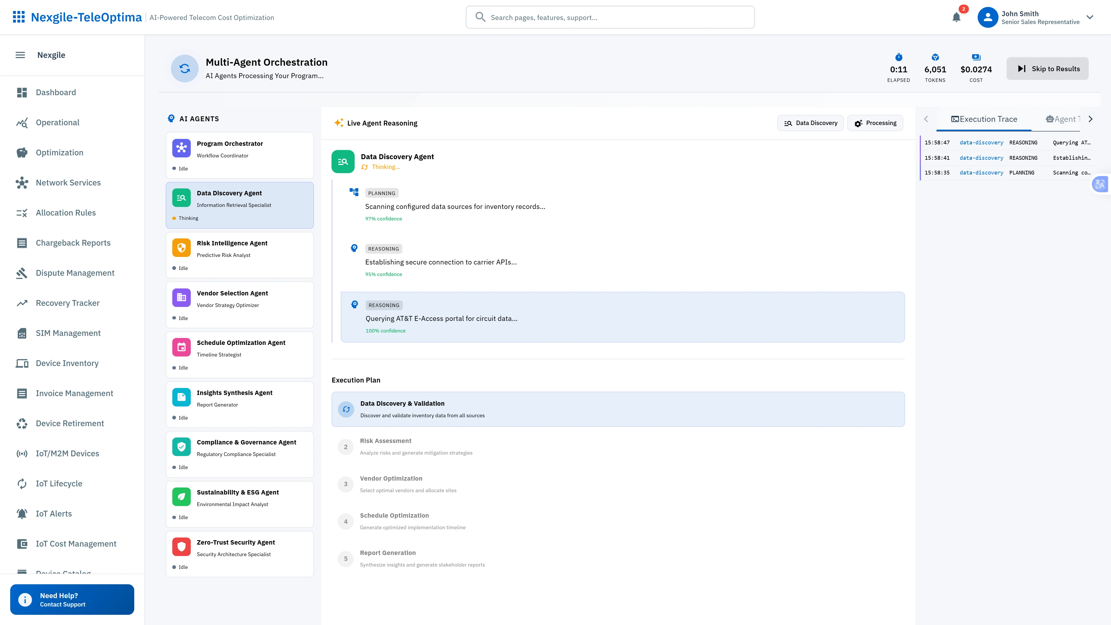 Multi-Agent Orchestration - Real-time view of 9 specialized agents processing transformation planning with live reasoning