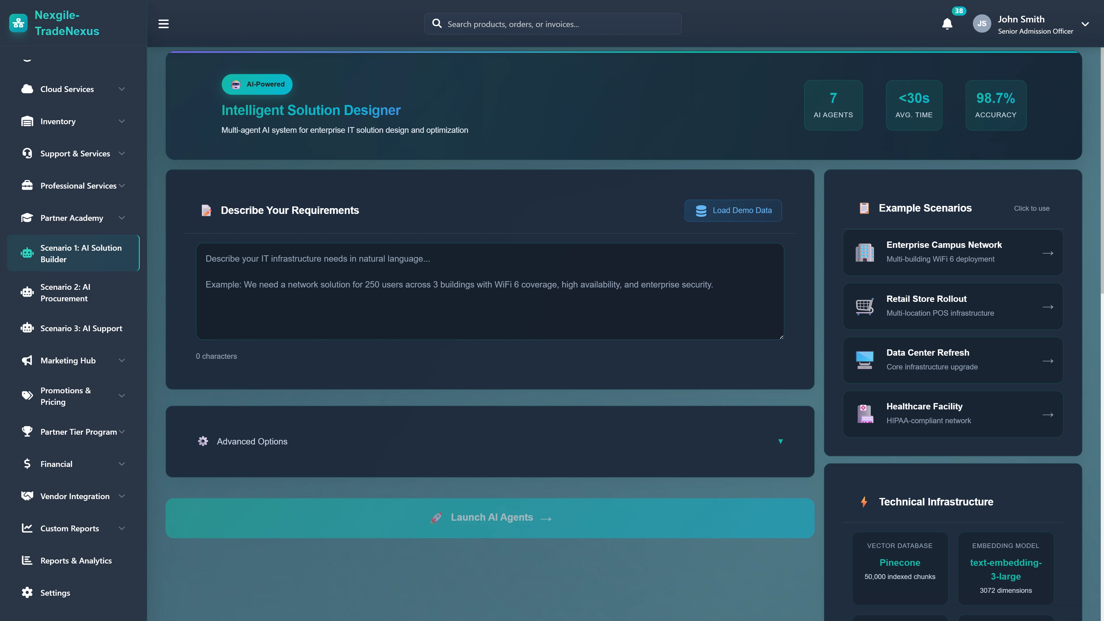 Intelligent Solution Designer - Natural language requirements input with example scenarios and technical infrastructure configuration