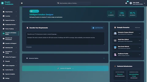 Intelligent Solution Designer - Natural language requirements input with example scenarios and technical infrastructure configuration