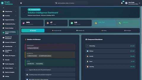 Solution Intelligence Dashboard - AI-generated architecture with component breakdown, pricing analysis, and validation scores