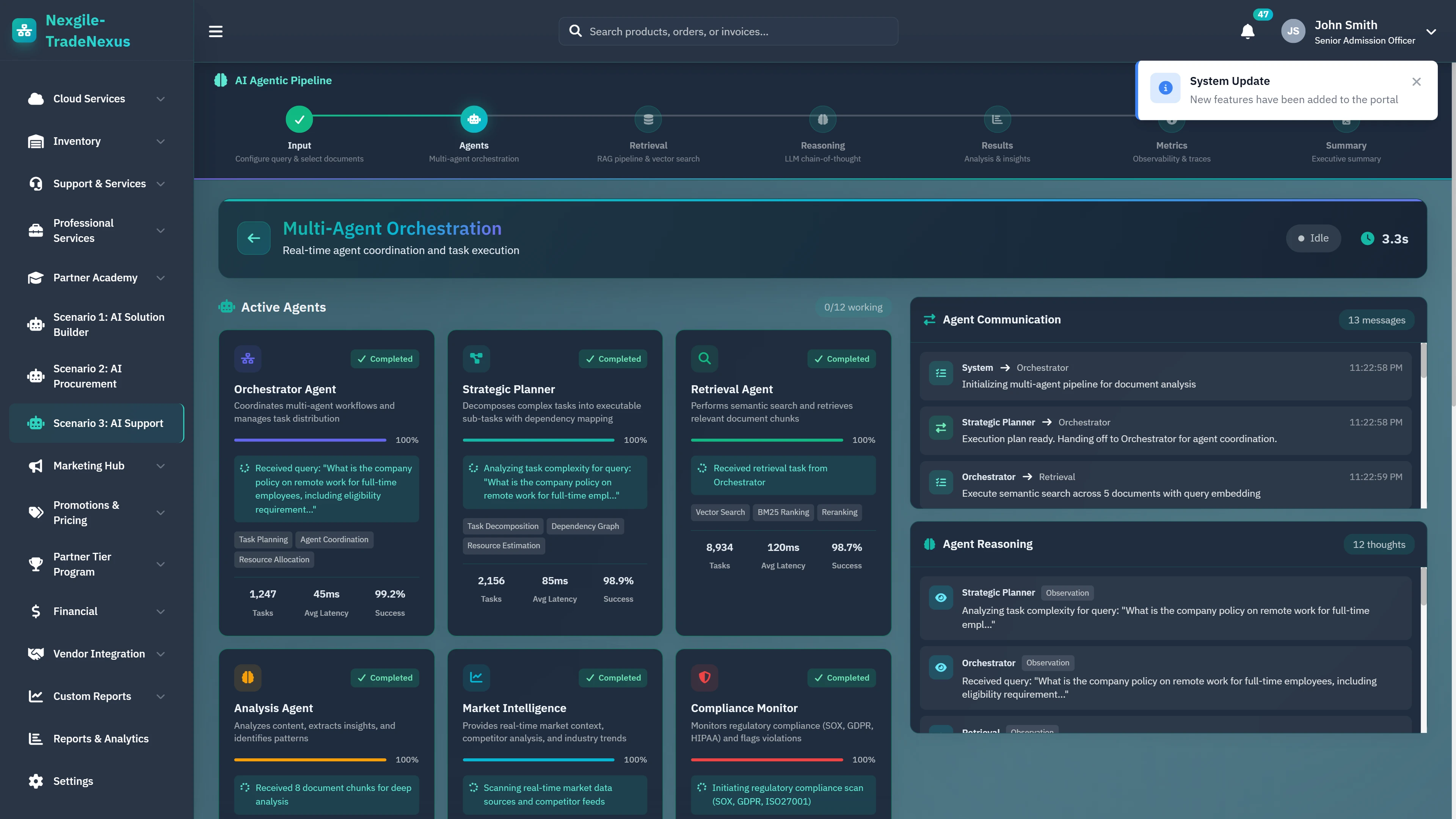 Multi-Agent Orchestration - Active agents dashboard with task metrics, agent communication, and reasoning logs