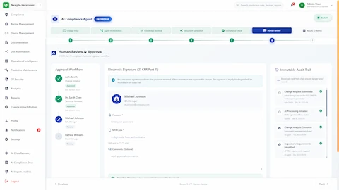 FDA 21 CFR Part 11 compliant electronic signature workflow with multi-level approval and immutable blockchain-style audit trail