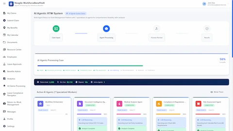 AI Agentic RTW System Overview - Multi-agent processing dashboard showing 7 specialized workers (Workflow Orchestrator, Document Intelligence, Medical Analysis, Compliance & Regulations, Risk Assessment) with real-time token usage tracking and cost estimation
